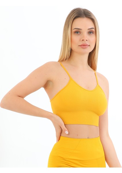 Yeni Sezon Ince Askılı Fitilli Smsm Toparlayıcı Crop Büstiyer Sarı modelleri