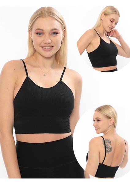 Yeni Sezon Ince Askılı Fitilli Smsm Toparlayıcı Crop Büstiyer Siyah