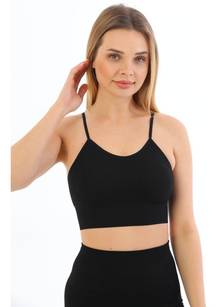 Yeni Sezon Ince Askılı Fitilli Smsm Toparlayıcı Crop Büstiyer Siyah indirimleri