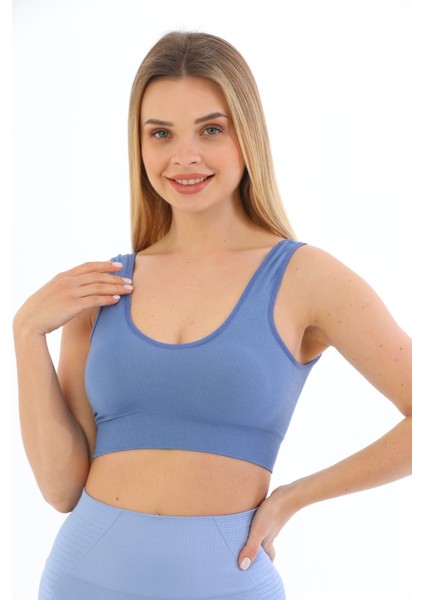 Yeni Sezon Ince Askılı Pedli Fitilli Smsm Toparlayıcı Crop Büstiyer Mavi fiyatları