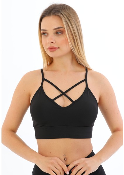 Yeni Sezon Ön Kısmı Çarpaz Ince Askılı Toparlayıcı Crop Büstiyer Siyah fiyatları