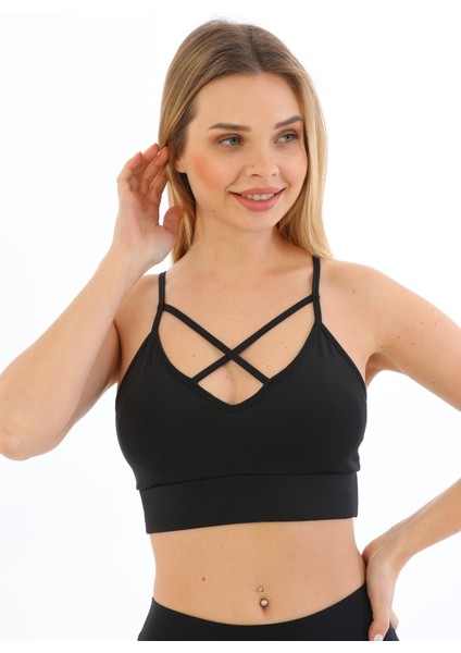 Yeni Sezon Ön Kısmı Çarpaz Ince Askılı Toparlayıcı Crop Büstiyer Siyah modelleri