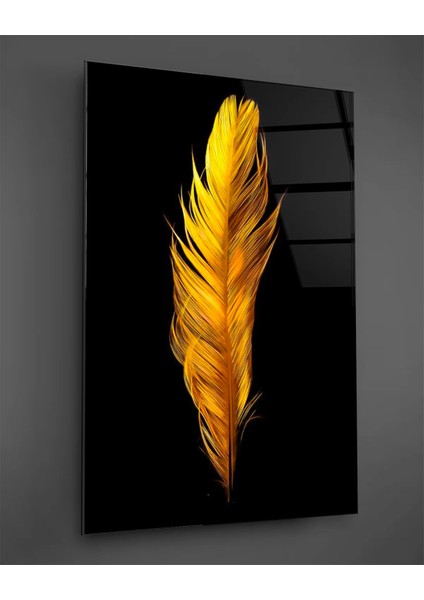 Altın Renkli Kuş Tüyü Cam Tablo