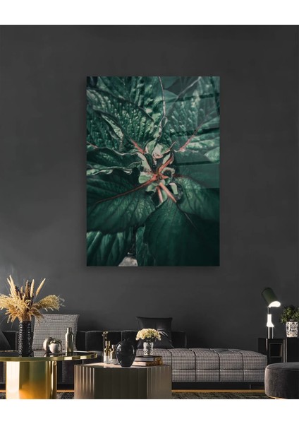 Makro Yeşil Yapraklar Dikey Cam Tablo