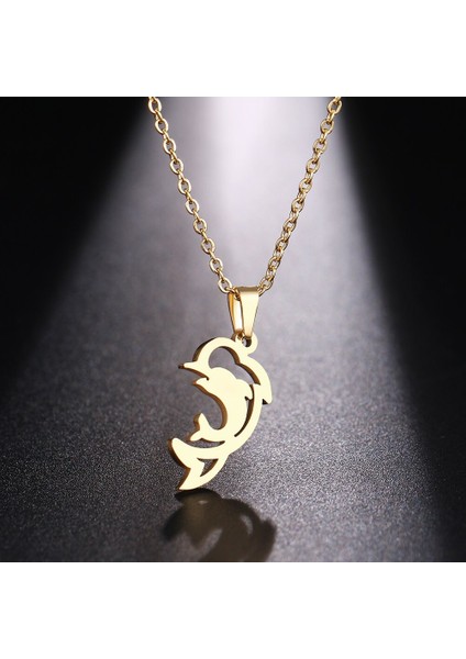 Titanyum Paslanmaz Çelik " Atlayan Yunus Balığı " Kolyesi (Gold)
