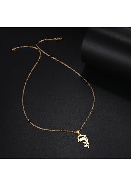 Titanyum Paslanmaz Çelik " Atlayan Yunus Balığı " Kolyesi (Gold)