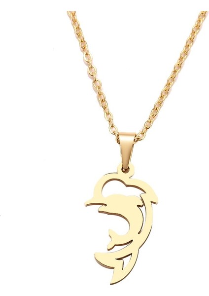Titanyum Paslanmaz Çelik " Atlayan Yunus Balığı " Kolyesi (Gold)