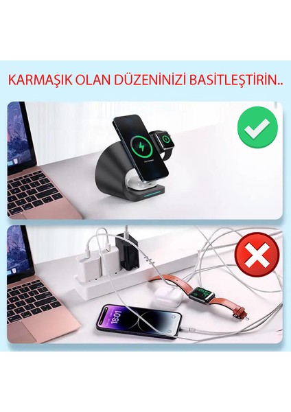 4 In 1 Kablosuz Şarj Standı 15W Manyetik Hızlı ve Şarj Ledli Gece Lambalı Telefon Kulaklık Saat Şarjı