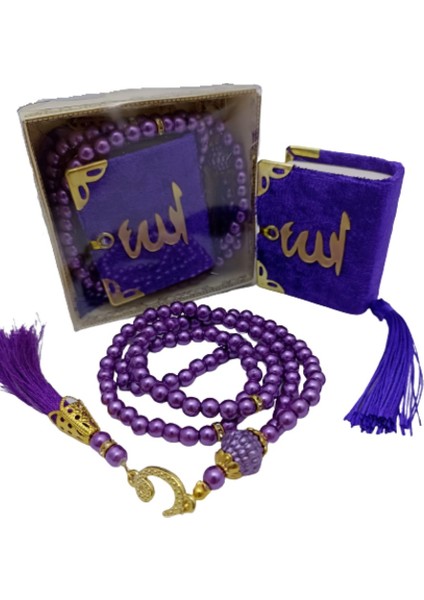 Hediyelik Mini Kuranı Kerim ve Inci Tesbih 99 Lu Set - Mor Renk