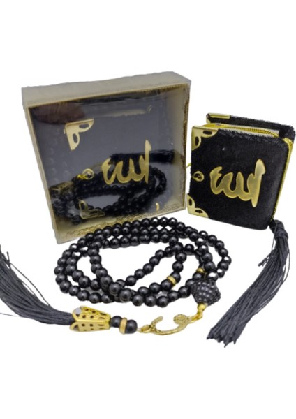 Hediyelik Mini Kuranı Kerim ve Inci Tesbih 99 Lu Set - Siyah Renk