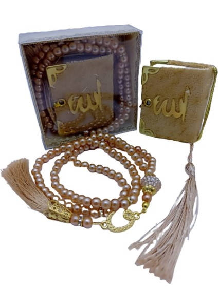 Hediyelik Mini Kuranı Kerim ve Inci Tesbih 99 Lu Set - Gold Renk