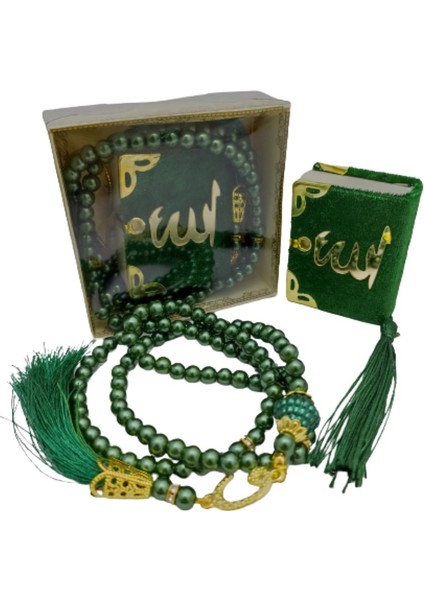 Hediyelik Mini Kuranı Kerim ve Inci Tesbih 99 Lu Set - Yeşil Renk