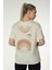 Kadın Ön ve Sırt Baskılı Kısa Kollu Bisiklet Yaka Oversıze Oversıze Tişört Bej 2