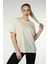 Kadın Ön ve Sırt Baskılı Kısa Kollu Bisiklet Yaka Oversıze Oversıze Tişört Bej 3