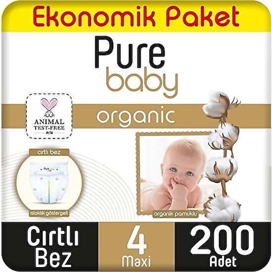 Pure Baby Pamuklu Cırtlı Bez Ekonomik Paket 4 No Maxi 200’LÜ