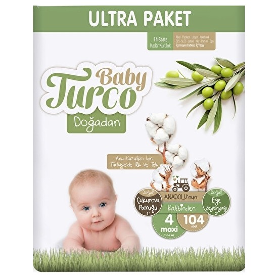 Baby Turco Doğadan Cırtlı Bebek Bezi 4'lü Fırsat Paketi 4 Numara 8-14 Kg 104 Adet