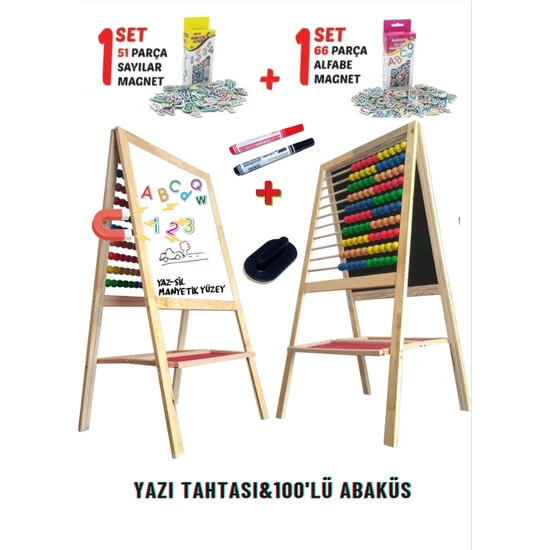 Ata Ahşap Oyuncak Yazı Tahtası & 100'LÜ Abaküs Manyetik Özellikli (EN:58CM H:110 cm Manyetik Sayı & Alfabe  Hediye)