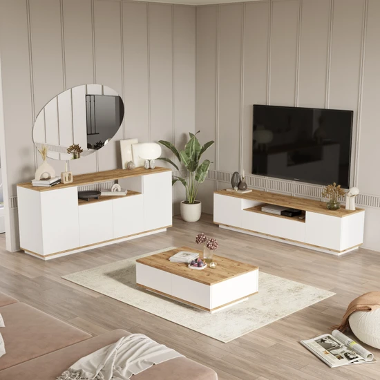 Robin Home Loft Tv Ünitesi Orta Sehpa Konsol 3'lü Set Çam-Beyaz