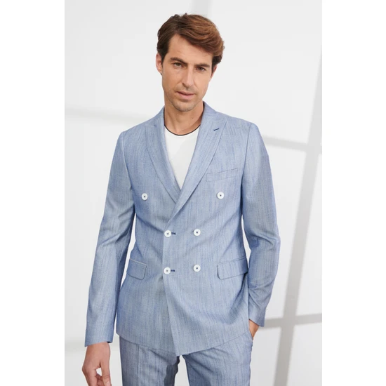 ALTINYILDIZ CLASSICS Erkek Mavi Slim Fit Dar Kesim Kırlangıç Yaka Desenli Takım Elbise