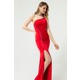 Lafaba Kadın Kırmızı Taş Askılı Yırtmaçlı Uzun Abiye Elbise
