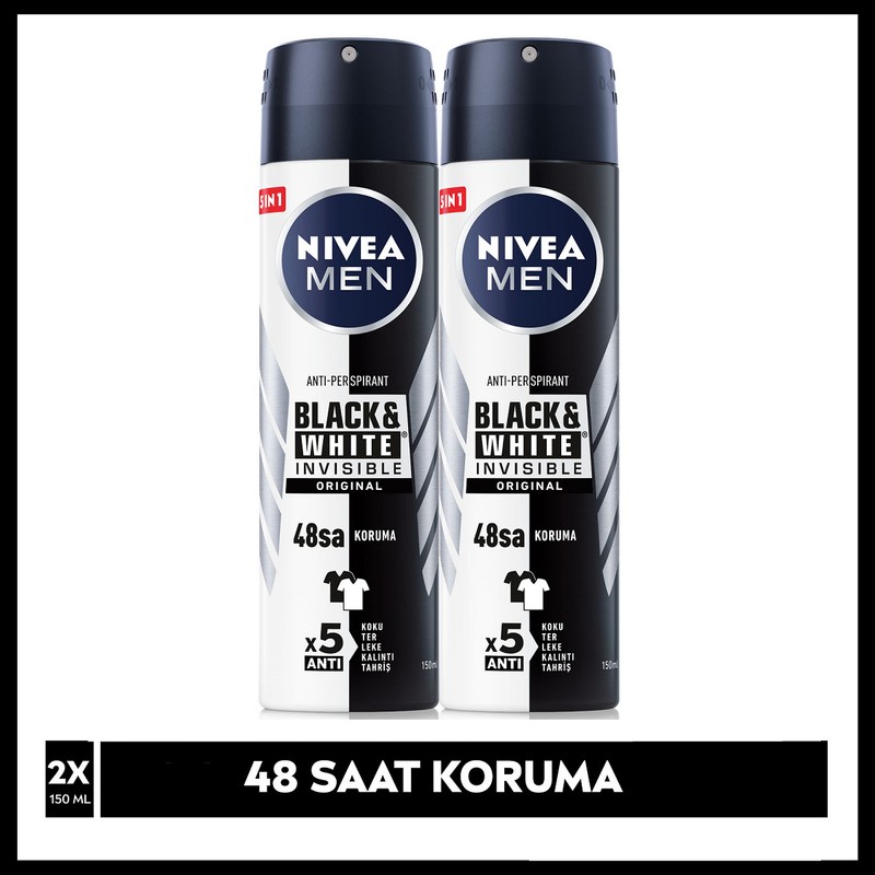 Nivea Men Erkek Sprey Deodorant Invisible Black&White Original 150 ml x2 Adet,48 Saat Anti-perspirant Koruma