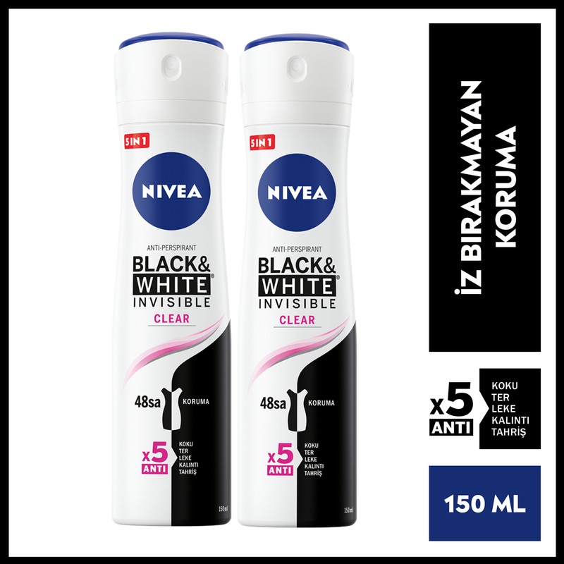 Nivea Kadın Sprey Deodorant Invisible Black & White Clear 150 ml x2 Adet,48 Saat Anti-perspirant Koruma