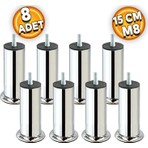 Badem10 Mobilya Kanepe Baza Koltuk Yatak Çekyat Yükseltme Ayağı Ince Diş M8 Krom Metal Ayakları 15 Cm 8 Adet