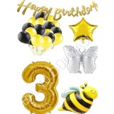 Bal10 Dünyası Happy Bırthday Banner ve Arı Kelebek Karakterli Yıldız Folyo Balon Seti Yaş 3