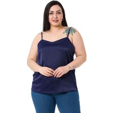 Disentis Modest Büyük Beden Ayarlanabilir Ince Askılı Saten Lacivert Bluz