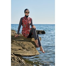 Kadın Uzun Kol Fermuarlı Likralı Dokuma Kırmızı Tesettür Mayo 2C3T1N11-4