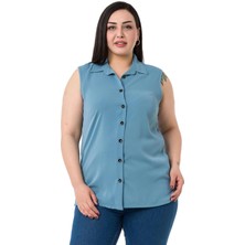 Disentis Modest Büyük Beden Gömlek Yaka Düğmeli Kolsuz Mavi Gömlek