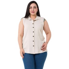 Disentis Modest Büyük Beden Gömlek Yaka Düğmeli Kolsuz Ekru Gömlek