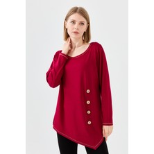 Kadın Sıfır Yaka Önü Ahşap Düğmeli Penye Bluz Bordo