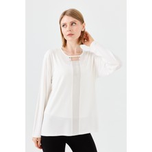 Kadın Sıfır Yaka Önü Pencereli Penye Bluz Kemik