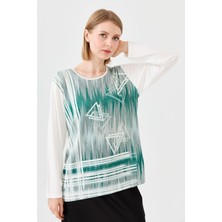 Kadın Sıfır Yaka Önü Baskılı Taşlı Penye Bluz Kemik