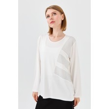 Kadın Sıfır Yaka Zincir Kumaşlı Penye Bluz Kemik