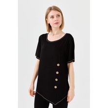 Desen Triko Kadın Sıfır Yaka Önü Ahşap Düğmeli Penye T-Shirt Siyah