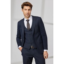 ALTINYILDIZ CLASSICS Erkek Lacivert Slim Fit Dar Kesim Mono Yaka Armürlü Yelekli Takım Elbise