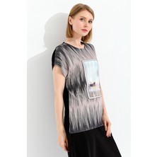 Desen Triko Kadın Sıfır Yaka Desenli Penye T-Shirt Siyah