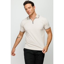 Desen Triko Erkek Fermuarlı Polo Yaka T-Shirt Taş