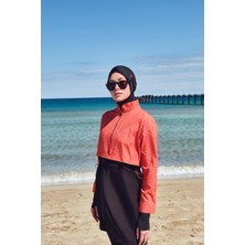 Esila Tam Tesettür Desenli Mayo Üstü – Su İtici Hafif Polyester-Elastan, Turuncu-Siyah Yazlık Tasarım