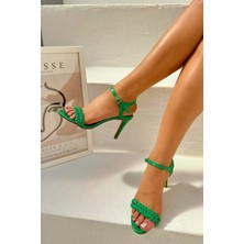 Laminta Lona Yeşil Örgü Detay Kadın Topuklu Ayakkabı