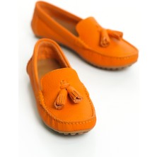 Mubiano Hakiki Deri 201-ORJ Püsküllü Oval Burunlu Kadın Turuncu Babet & Loafer Ayakkabı