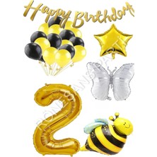 Rönesans Parti Happy Bırthday Banner ve Arı Kelebek Karakterli Yıldız Folyo Balon Seti Yaş 2