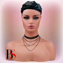 BijuStore Siyah Renk Çok Sıralı Deri Kadın Albatros Kuşu Choker Kolye