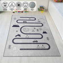 Carpettex Yıkanabilir Kaymaz Taban Çocuk Bebek Odası Oyun Halısı Trafik Temalı Gri Halı