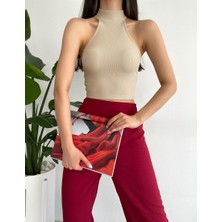 Kadın Ottoman Halter Yaka Likralı Örme Crop Bluz Bej