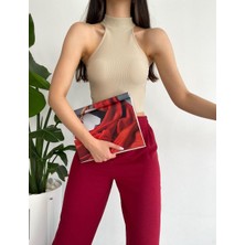 Kadın Ottoman Halter Yaka Likralı Örme Crop Bluz Bej