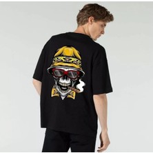 Amor Man Büyük Beden Özel Tasarım Şapkalı Kuru Kafa Baskılı %100 Pamuk Oversize Erkek T-Shırt