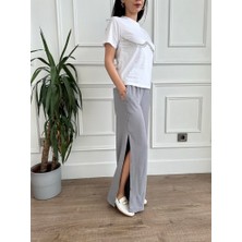 Arzu Emiroğlu Gri Yırtmaçlı Geniş Paça Pantolon